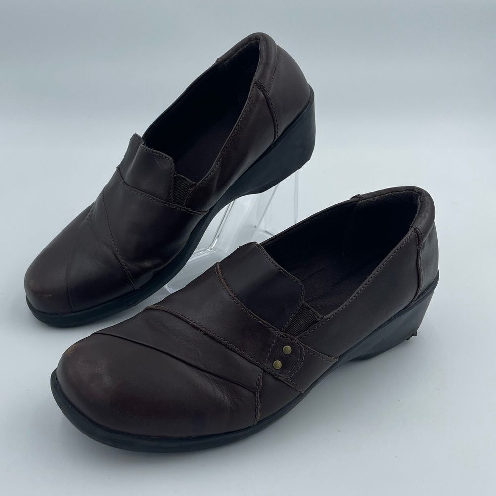 Clarks Dark Brown Leather Slip-On Casual Work Wedges